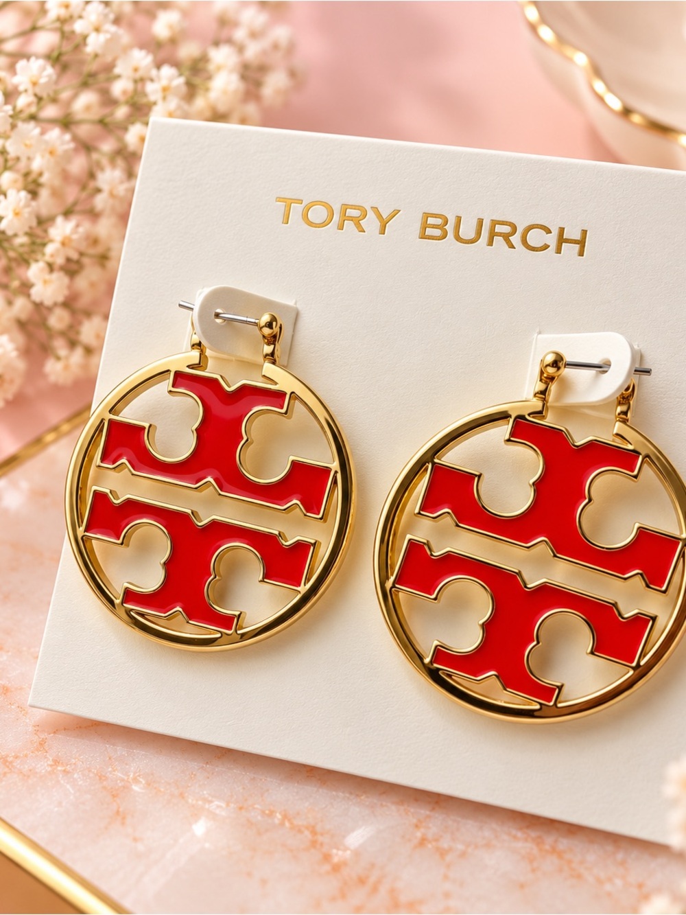Tory Burch Gold-Tone Hoop Earrings with Red Enamel Logo